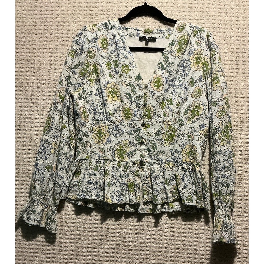 7 For All Mankind Eyelet Peplum Blouse Long Sleeve BOHO M NWOT Cottagecore
